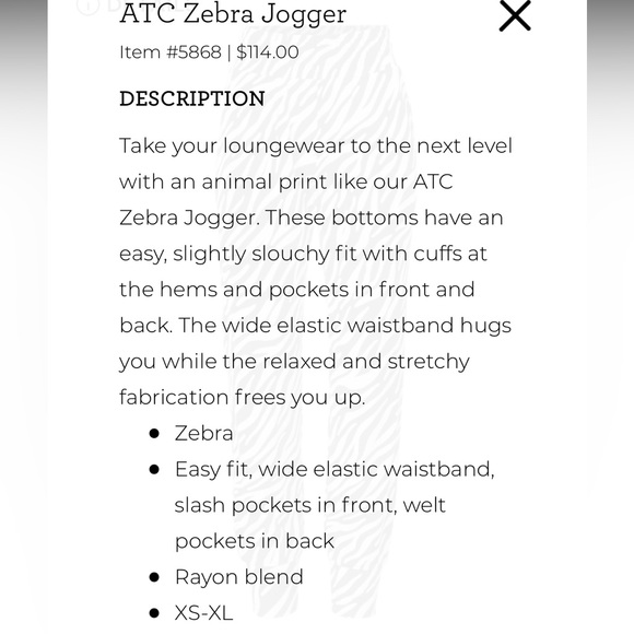 NWT Size Medium Cabi ATC Zebra Joggers - Picture 2 of 10